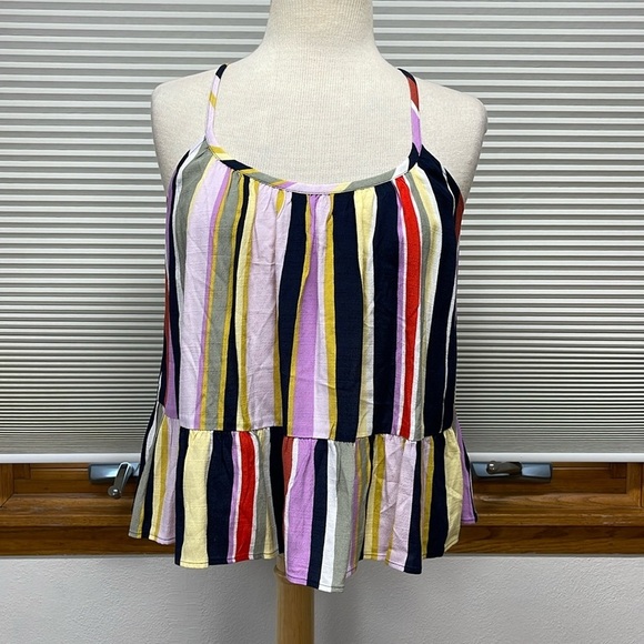 Loft Women's Blue Multicolor Striped Shirred Peplum Cami Tank Top Blouse - Picture 4 of 12